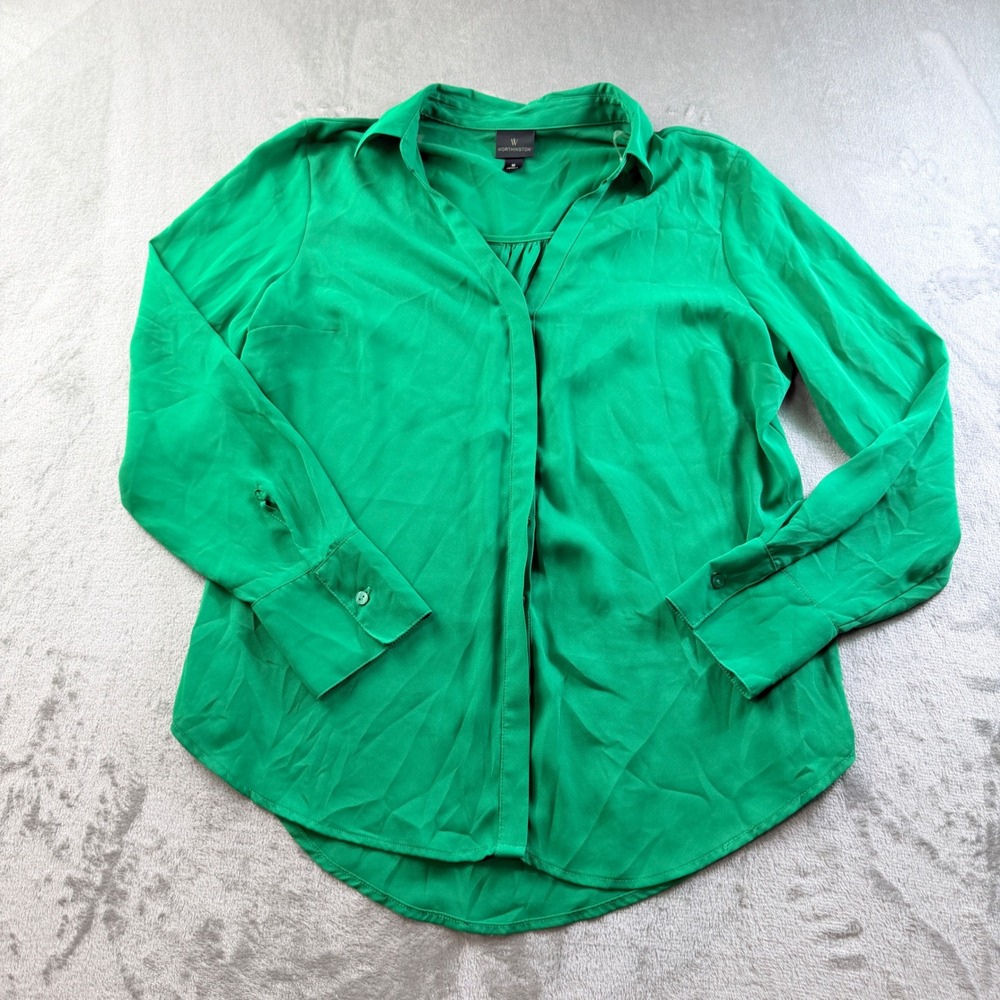 Worthington Women's Green Long Sleeve V-Neck Button Up Blouse Size Medium